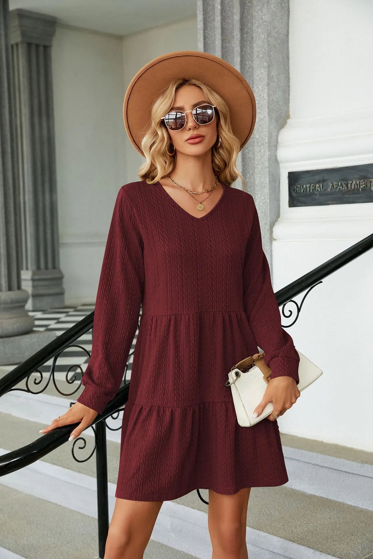 Women's V-Neck Lantern Sleeve Ruffle Trim Flowy Dress