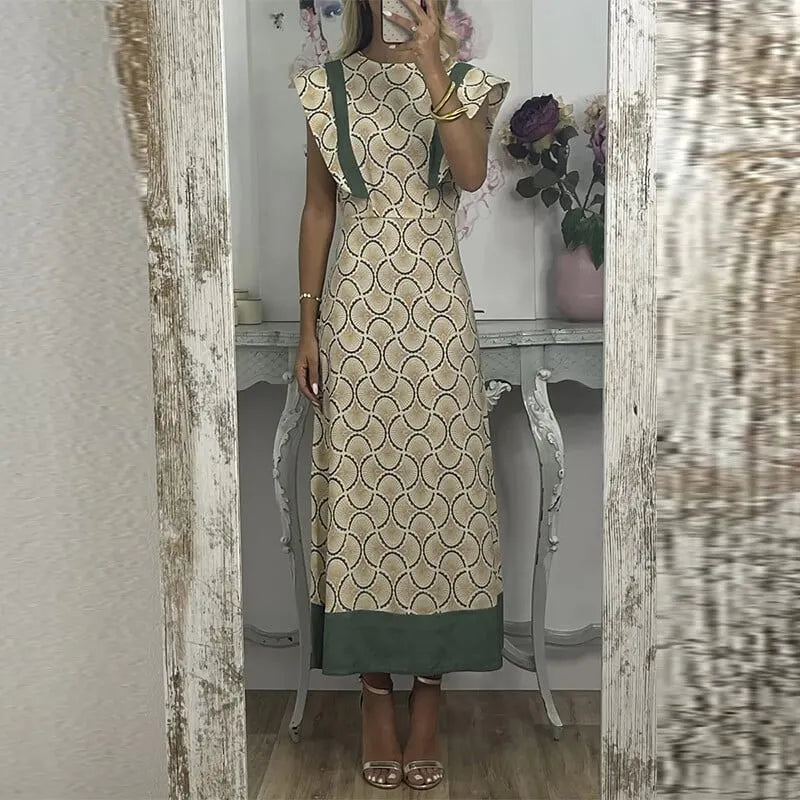 SPEAK EASY CHARM UNIQUE PRINT CREW NECK CAPE SLEEVE MAXI DRESS