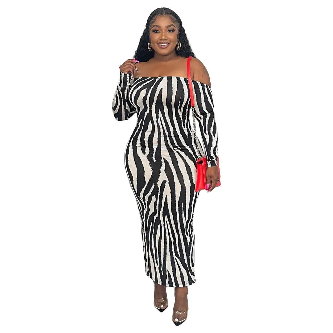 Women Fashion Sexy Off-Shoulder Zebra Print Long Sleeve Maxi Dress