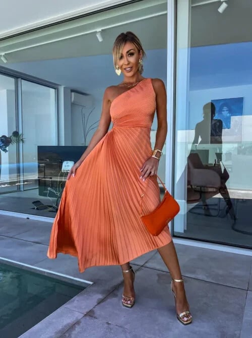 Stunning One - Shoulder Pleated Cut - Out Dress
