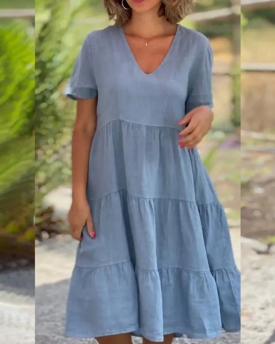 Cotton linen v-neck solid color dress - buy 2 free shipping
