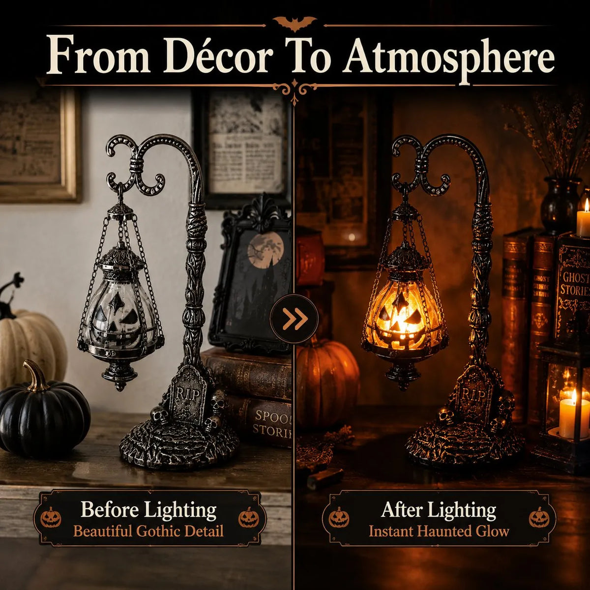 🔥HOT SALE🔥🎃 Gothic Pumpkin Lantern Stand | Warm Orange LED Glow, Victorian Skull Details & Haunted Shelf Decor 🕯️