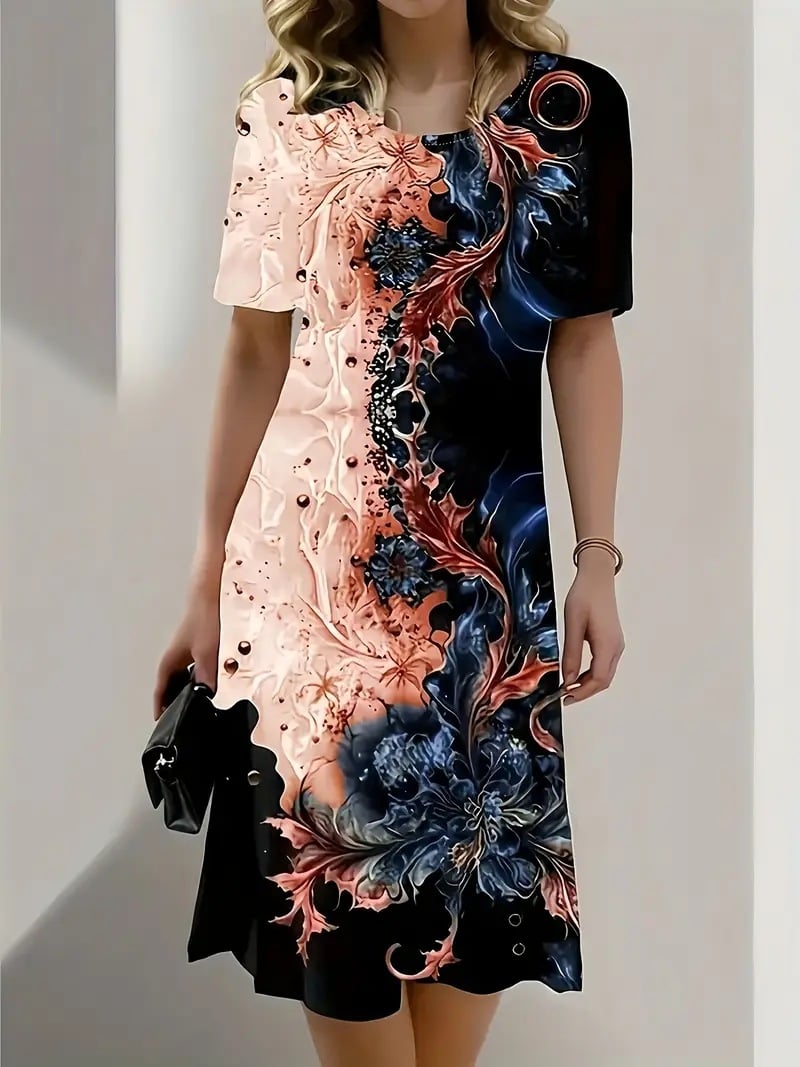 Summer Floral Print A-line Dress for Women with Short Sleeves and Round Neck