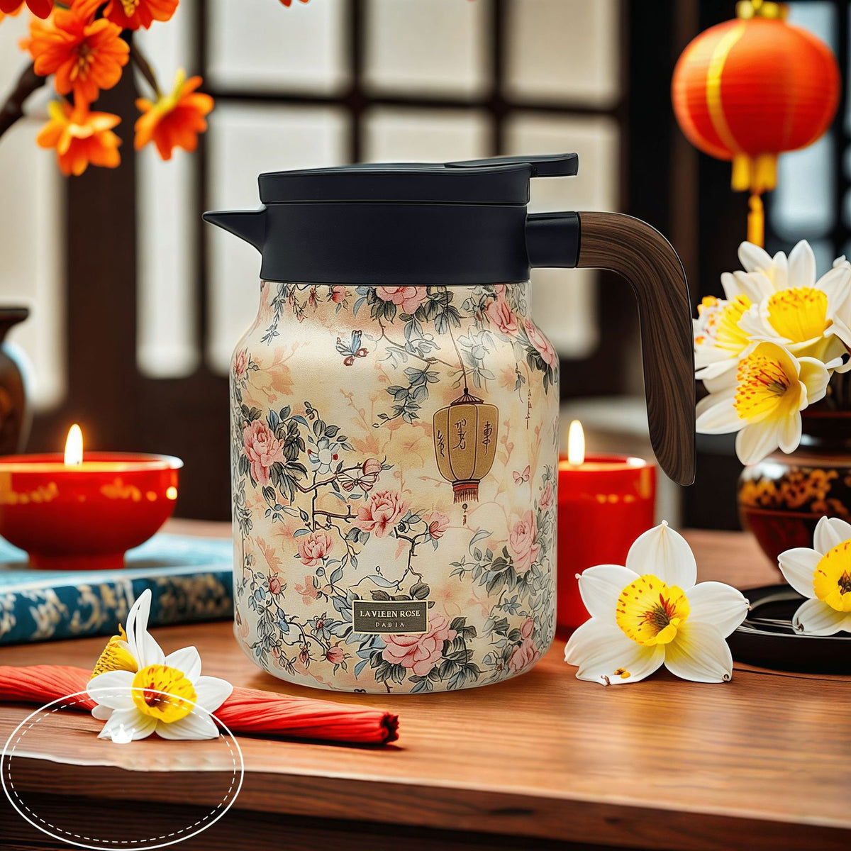 Vintage Floral Pattern Tea Thermos–Built-In Infuser