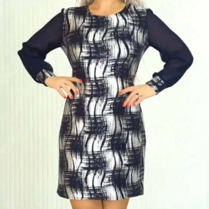 Elegant Dress with Round Neckline, Long Sleeves & Vibrant Scribbles