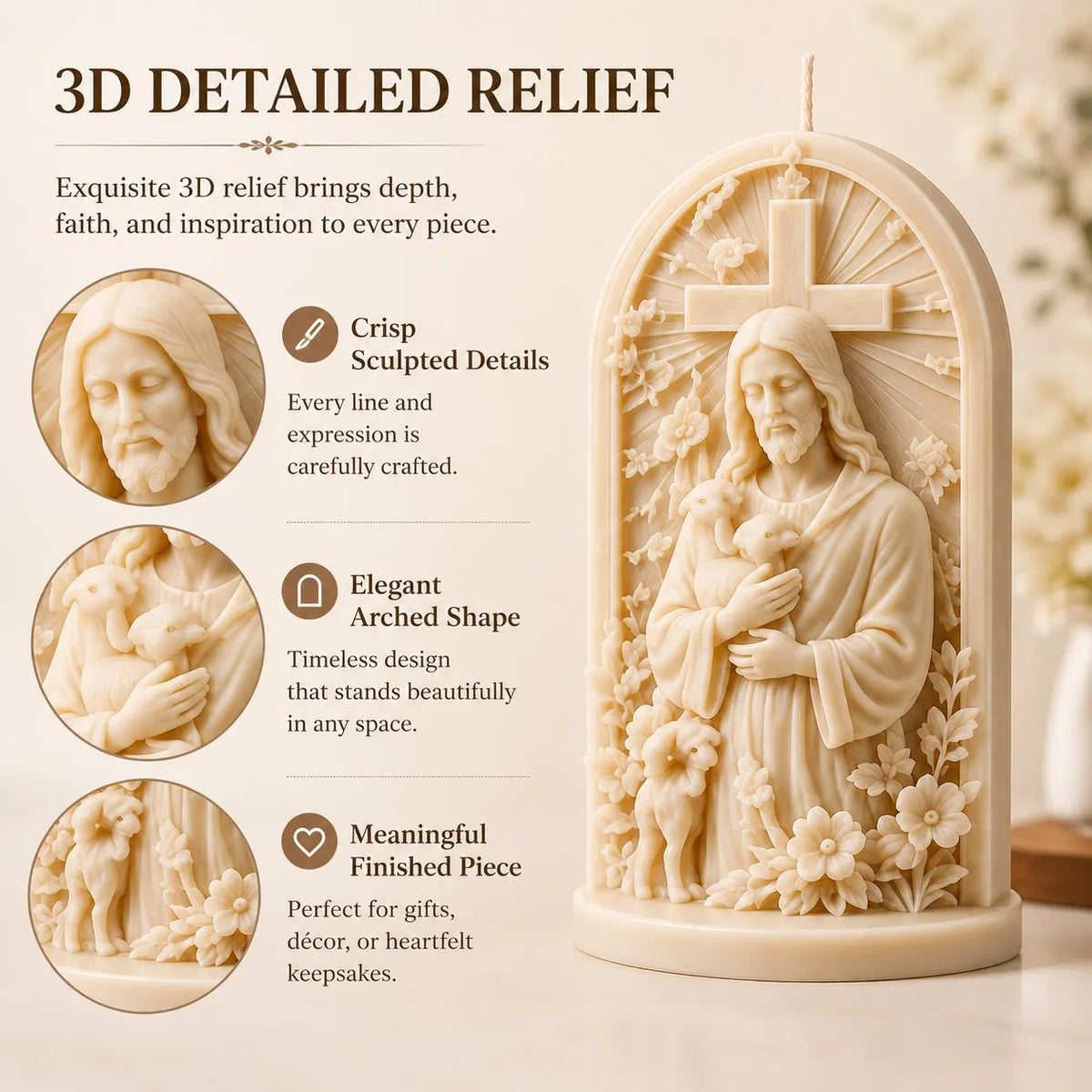 🎉⏳49% OFF – ✝️ 2-Piece Good Shepherd Jesus 3D Candle Mold Set | Sculpted Cross, Lamb & Floral Relief for Faith-Inspired Handmade Candles 🕯️✨