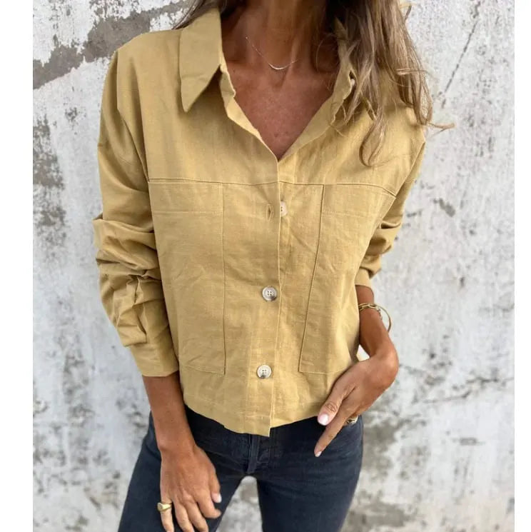 (BUY 2 FREE SHIPPING) Women's Cotton-Linen Double-Pocket Blazer-Style Lapel Shirt