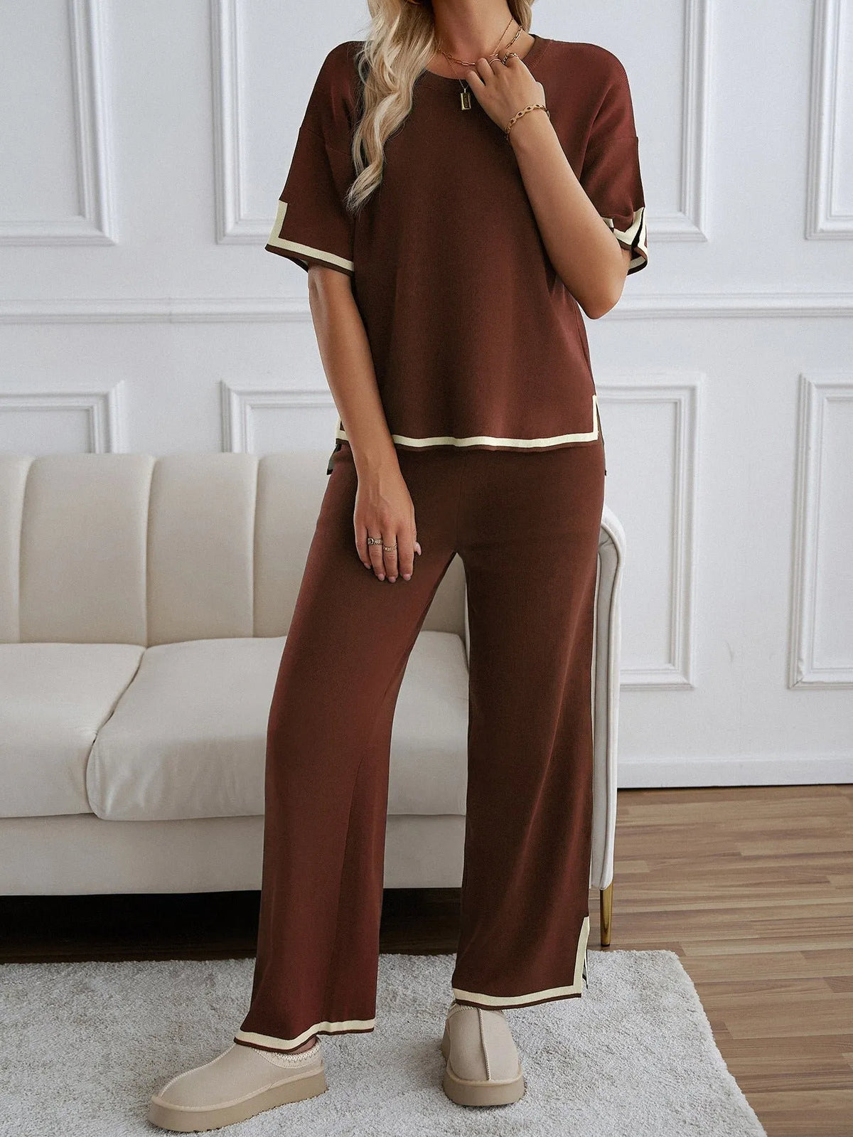Chic Short Sleeve Knitted Pants Set