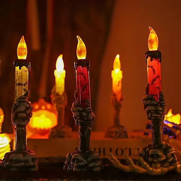 🕯️3 Pack Halloween LED Skeleton Hand Candle Holders, Flickering Flameless Skull Candles with Amber Light for Indoor Outdoor Halloween Decorations