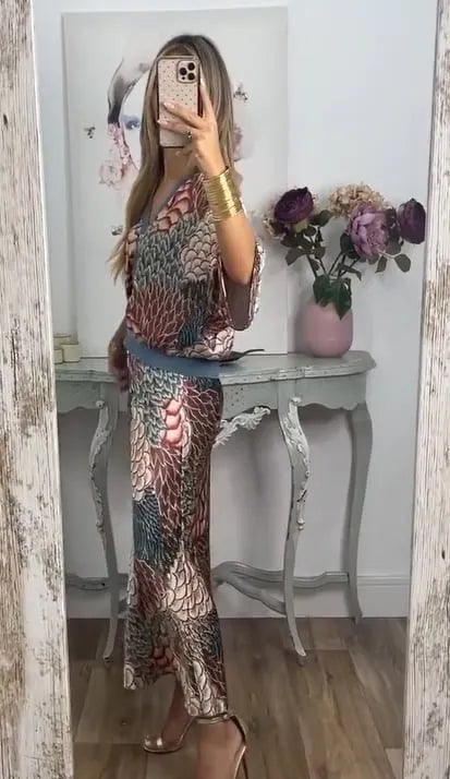 HARLEN SATIN UNIQUE PRINTED LOOSE SHIRT TOP AND ELASTIC WAIST MAXI SKIRT SET