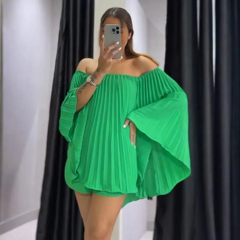 Casual Off-Shoulder Pleated Top and Shorts Set
