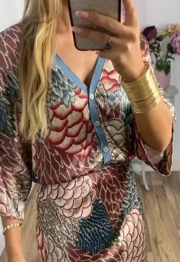 HARLEN SATIN UNIQUE PRINTED LOOSE SHIRT TOP AND ELASTIC WAIST MAXI SKIRT SET