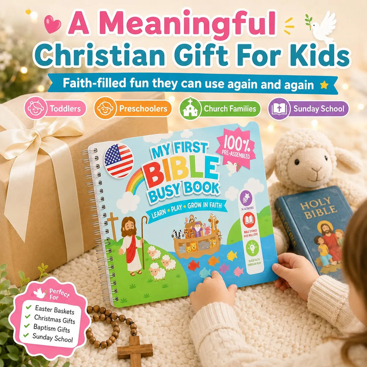 ✝️ Bible Busy Book for Toddlers | Montessori Christian Quiet Book with 152 Velcro Pieces & 15 Faith Activities