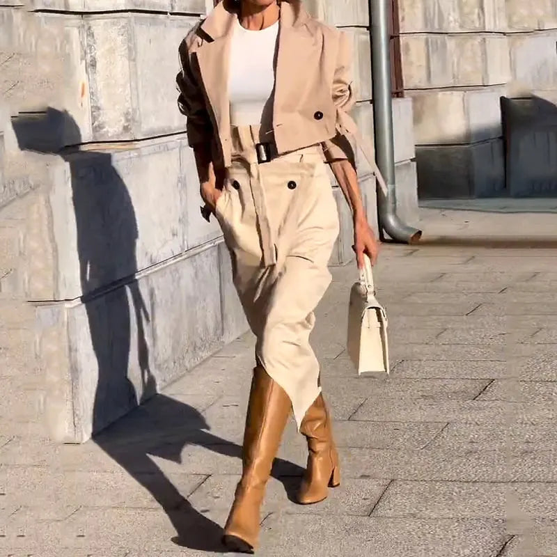 Women's Versatile Casual Work Wear Temperament Button Belt Skirt Set