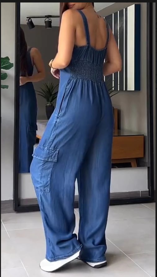 Thin Denim Cargo Pocket V-neck Jumpsuit (Buy 2 Free Shipping)