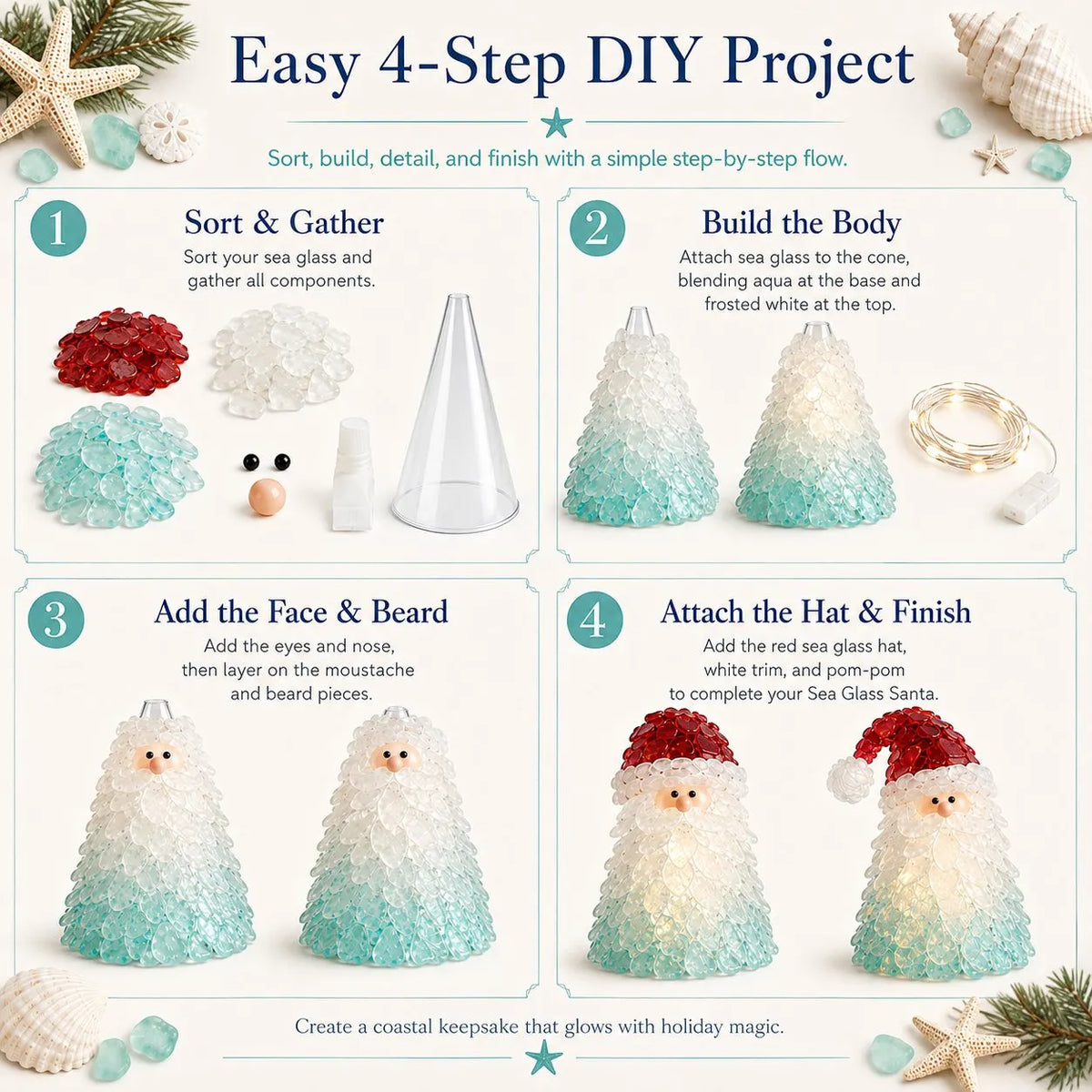 🎉🎅 Beginner-Friendly DIY Lighted Sea Glass Santa Christmas Decor Kit | Complete Kit with Sea Glass Pieces, Warm Fairy Lights & Step-by-Step Guide Included 💕