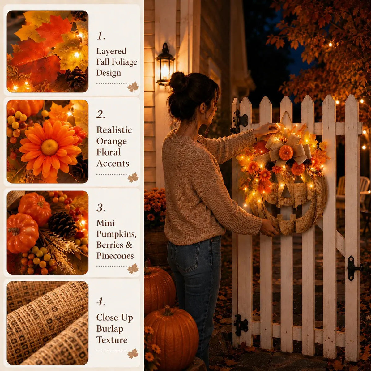 🔥HOT SALE🔥🎃✨ Lighted Burlap Pumpkin Wreath
