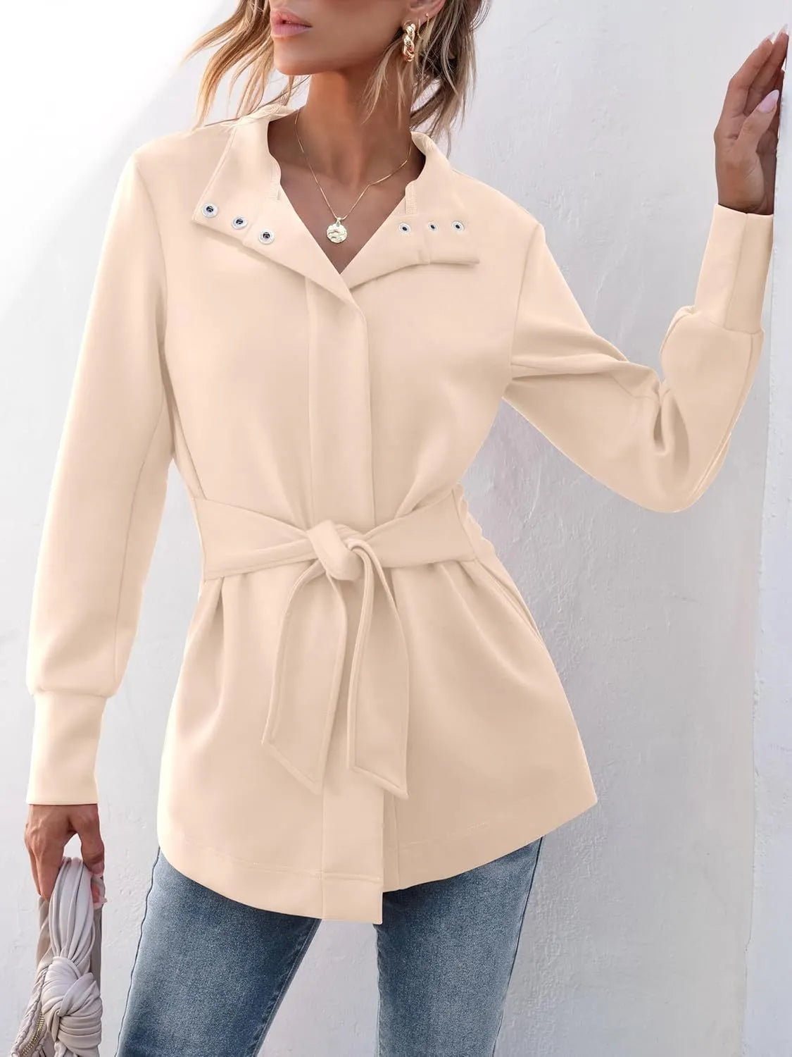 ✨WOMENS JACKET BELTED CASUAL WRAP TRENCH COAT BUTTON UP DRESSY OUTERWEAR WITH POCKETS