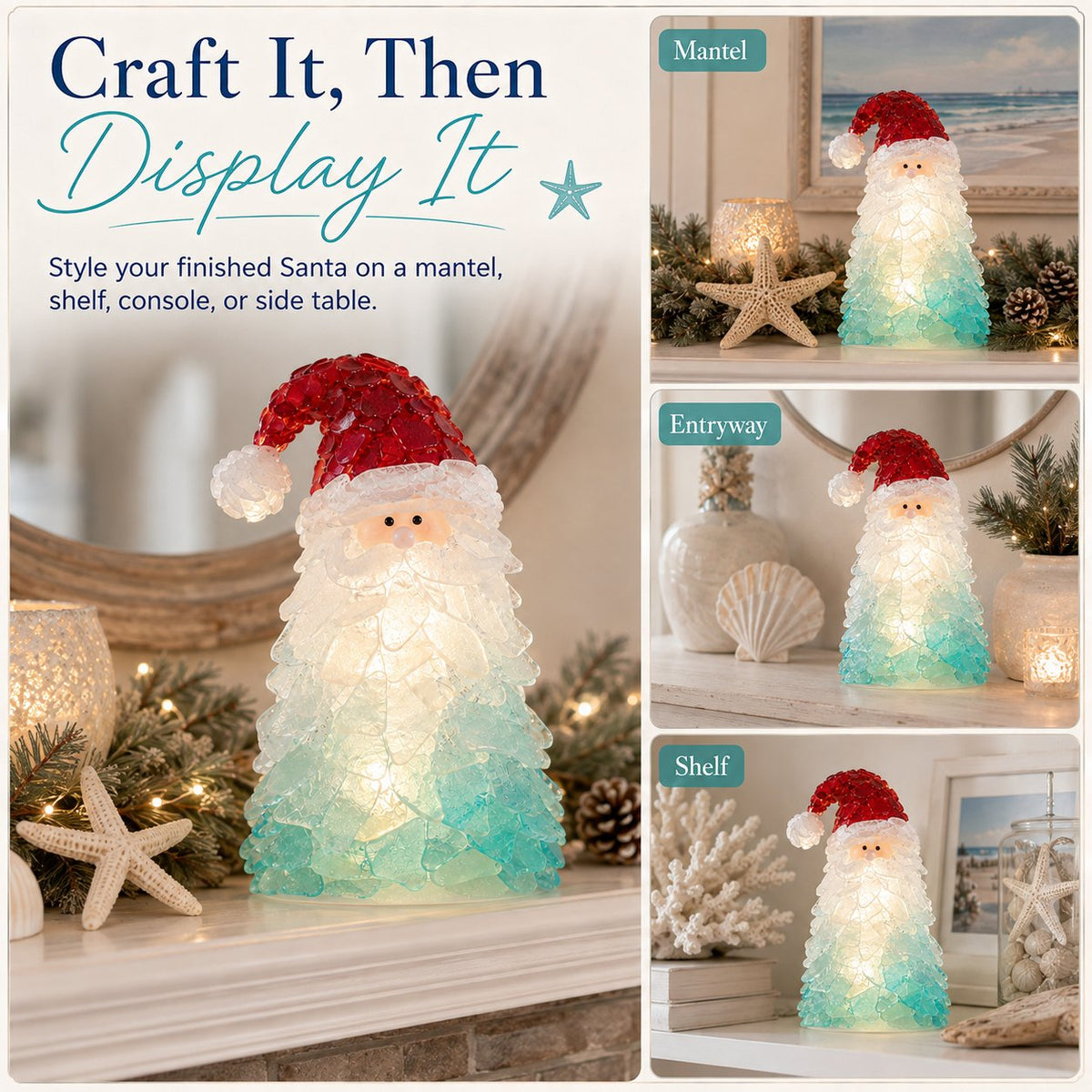 🎉🎅 Beginner-Friendly DIY Lighted Sea Glass Santa Christmas Decor Kit | Complete Kit with Sea Glass Pieces, Warm Fairy Lights & Step-by-Step Guide Included 💕