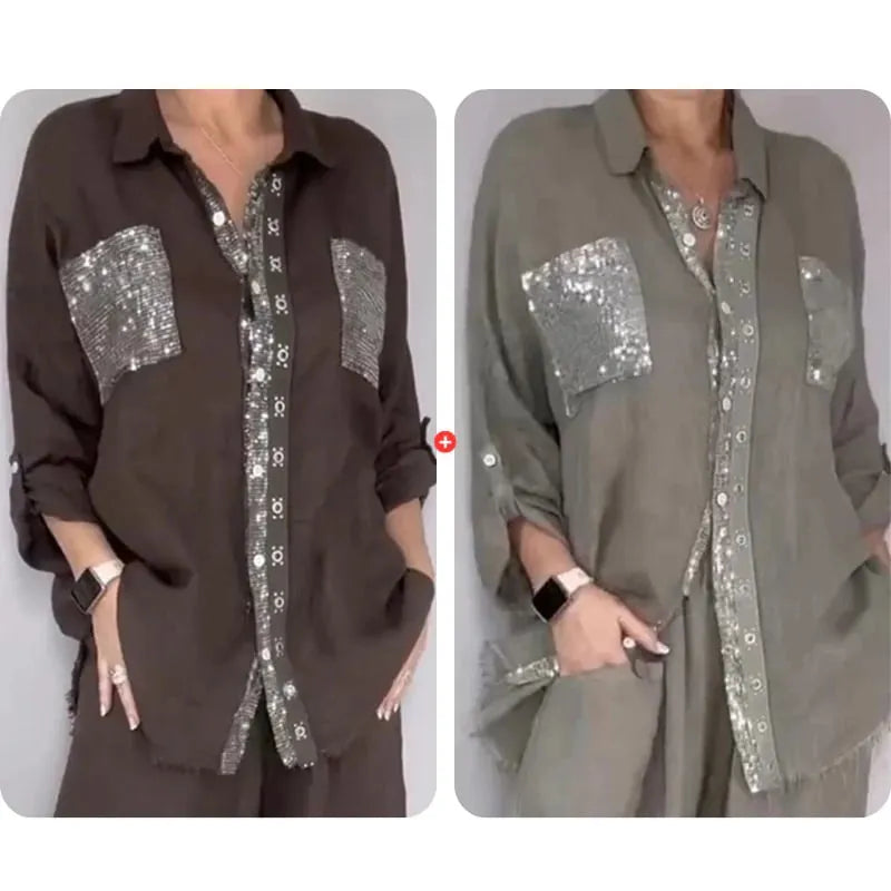 🎉Women's Sequin Shirt & Wide-Leg Pants Set