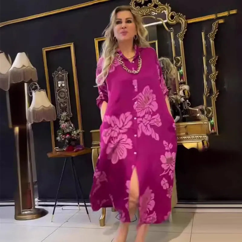 Women's Casual Long Sleeve Button Down Loose Maxi Shirt Dress