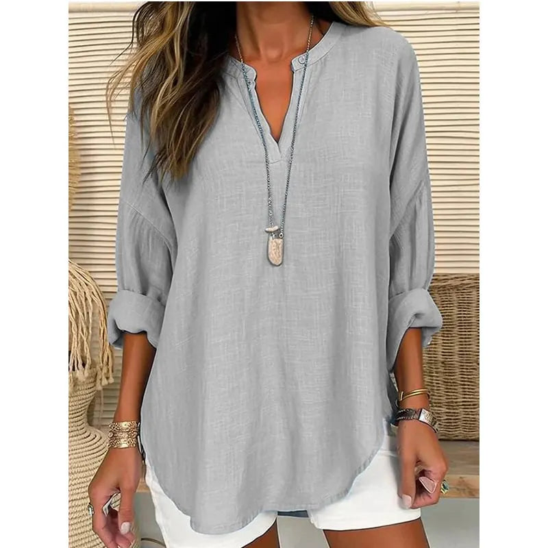 Women's V-Neck Long Sleeve Loose Fit Breathable Linen Top