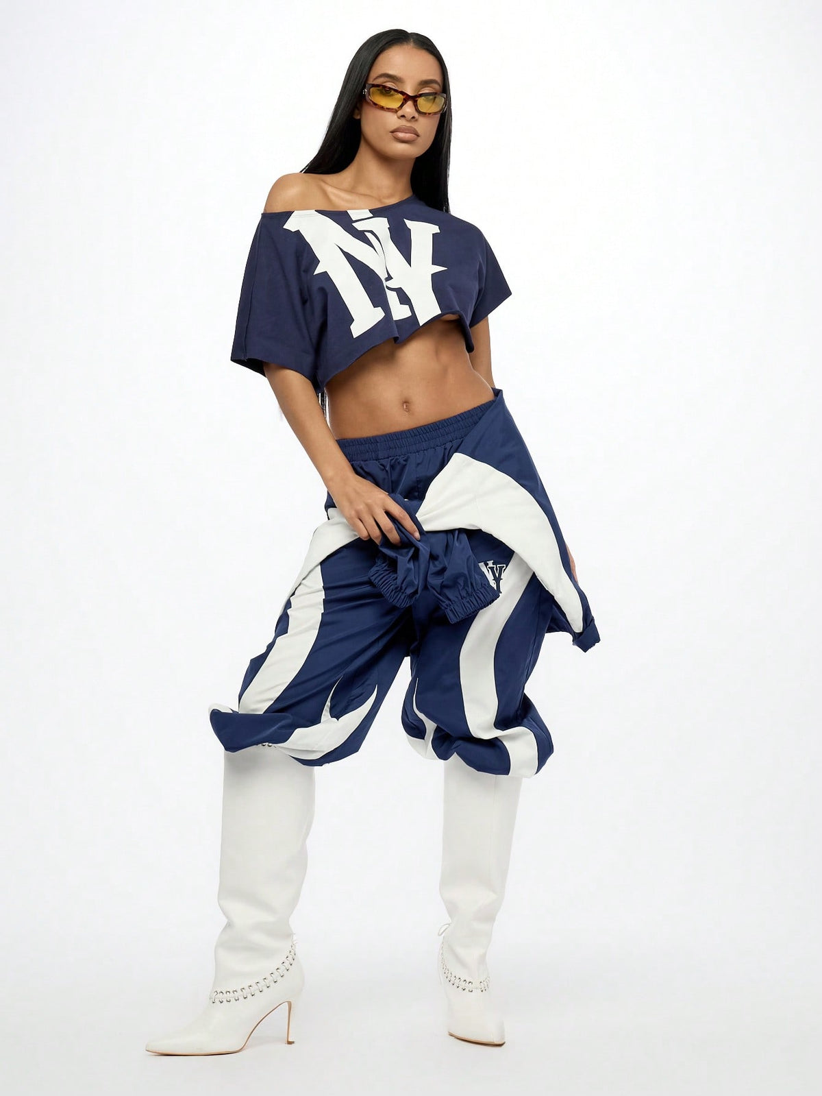 WOMEN Off Shoulder NY Logo Slouchy Crop Tee Athletic Varsity Sports Fan Streetwear Workout Fashion Athleisure Cropped T-Shirt Summer Urban Style