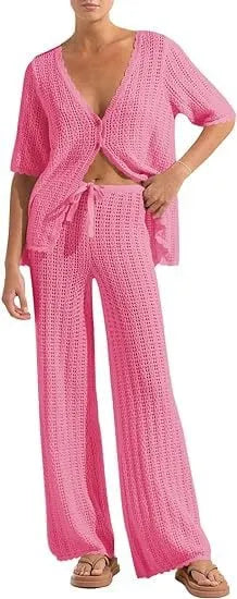 Women's Summer 2-Piece Swimsuit Coverup Crochet Knit Cardigan Tops Long Pants Set Bathing Suit Beach Outfit