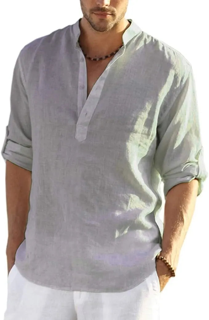 🔥Men's cotton and linen Henley Shirt Long Sleeve Hippie Casual Beach T Shirts