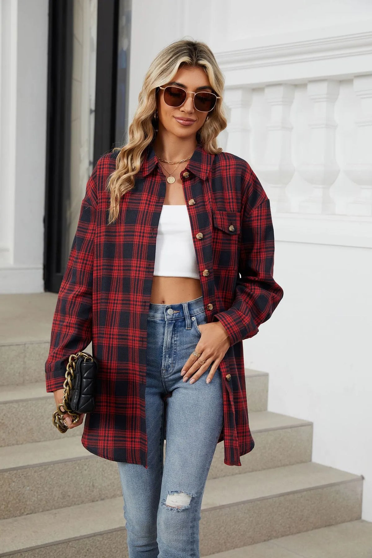 🔥Women's flannel plaid casual loose long-sleeved shirt