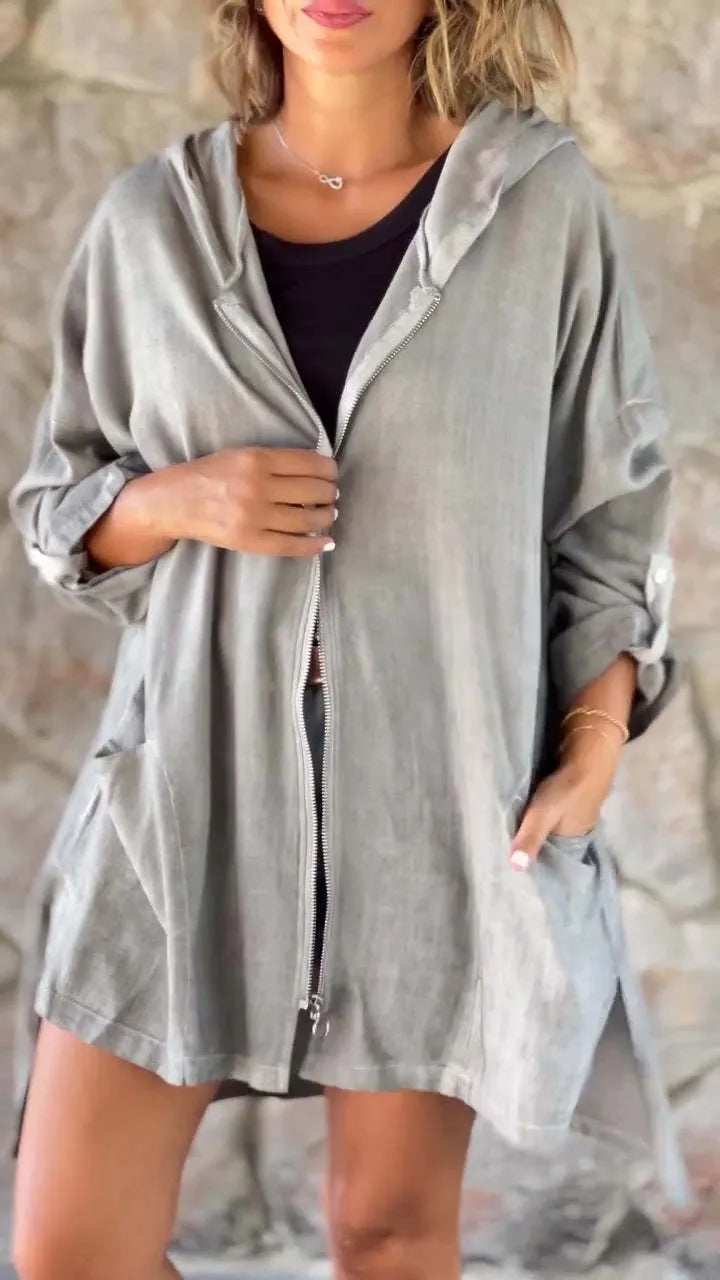 Ladies' Round Neck Zipper Spliced Hooded Casual Jacket