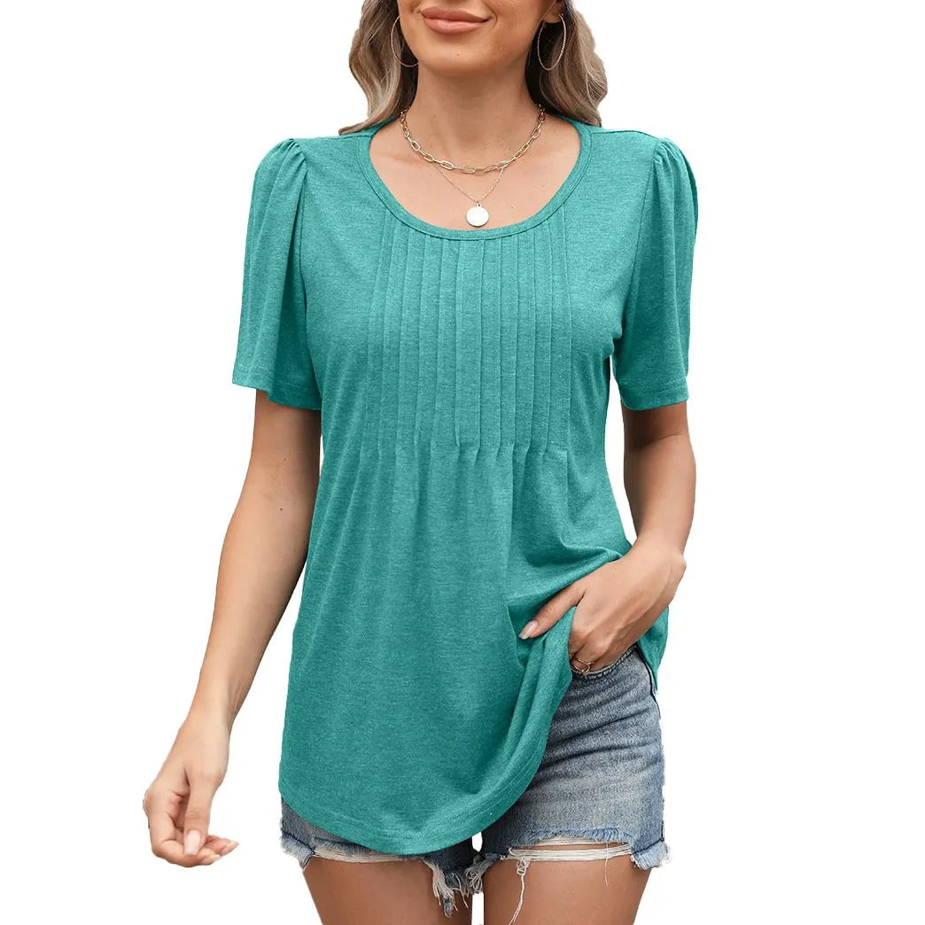 Summer Loose Pleated Round Neck Short Sleeve T-Shirt