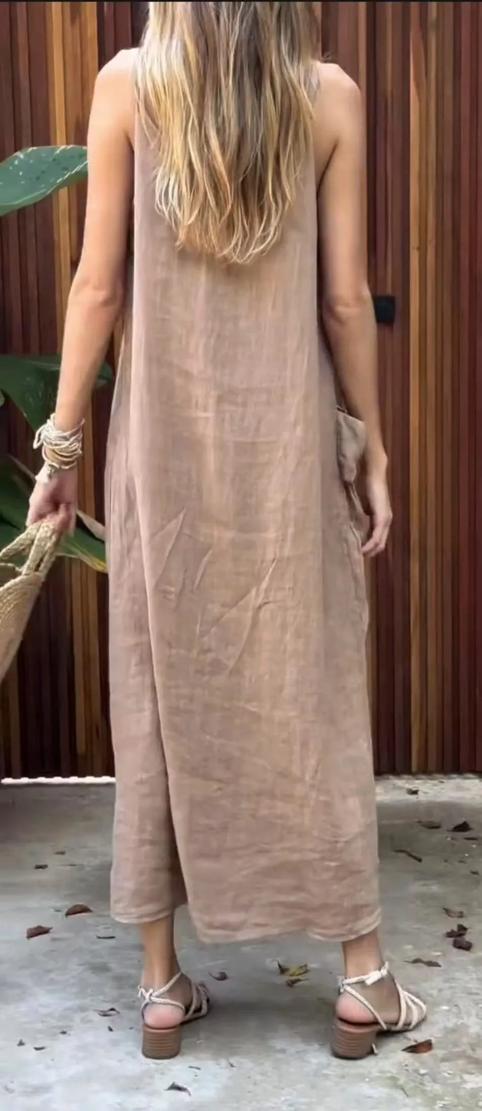 Fashionable Midi A-Line Dress with V-Neck and Large Pocket