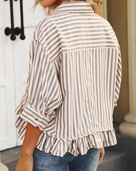 Summer Top🌞 Ruffled Hem 3/4 Sleeve Button-Down Striped Shirt