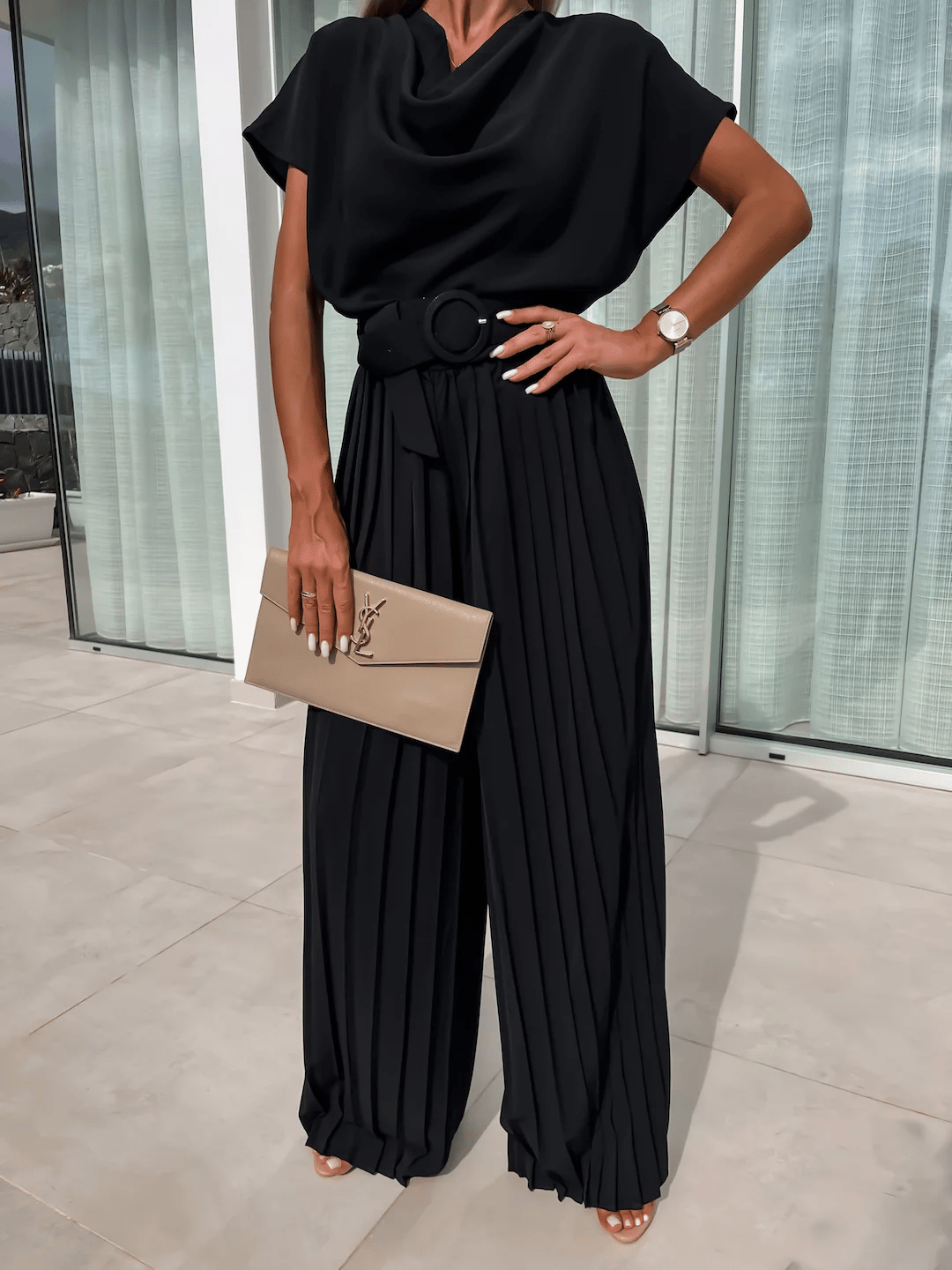 Casual Waistband Solid Color Pleated Wide Leg Jumpsuit