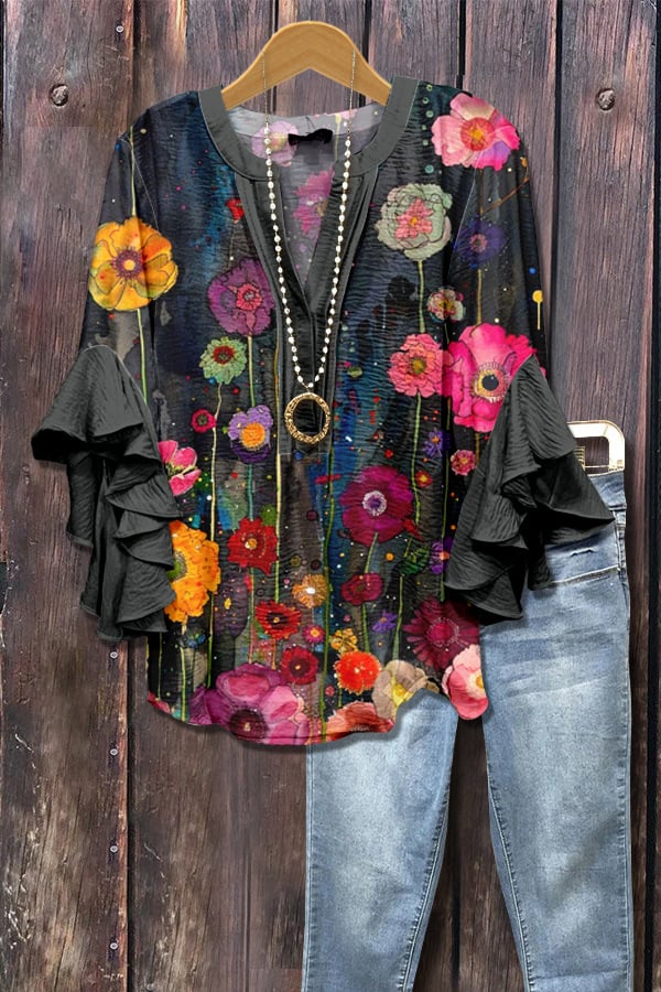 Floral Print Ruffle Bell Sleeve Top