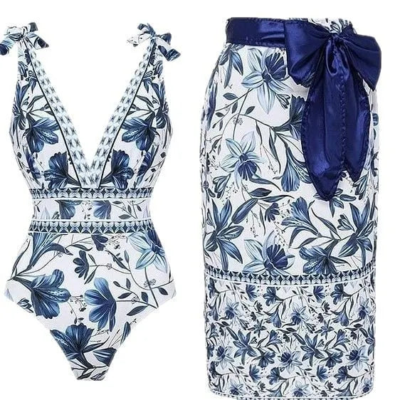 Women Adjustable Shoulder Strip Plant Prints One Piece Swimsuit And Skirt/Sarong(Buy 2 Free Shipping)