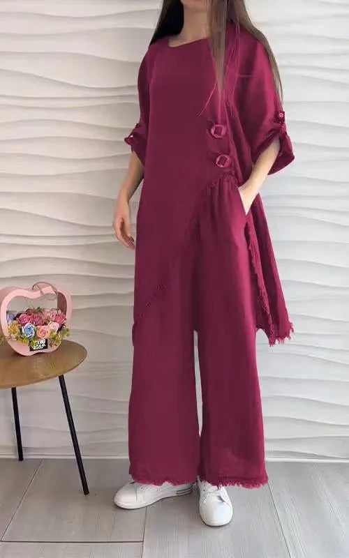 Women's Round Neck Long Cotton and Linen Suit