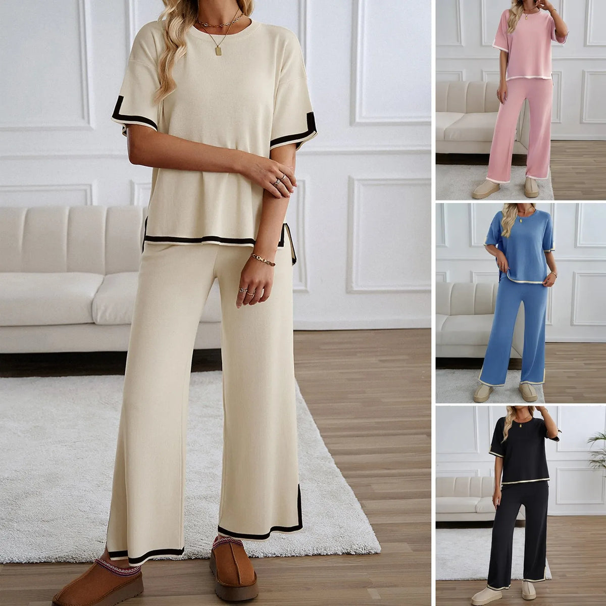 Chic Short Sleeve Knitted Pants Set
