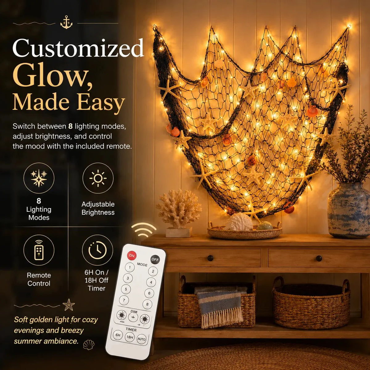 🔥HOT SALE🔥🌊✨ Coastal Fishing Net Wall Hanging with Fairy Lights