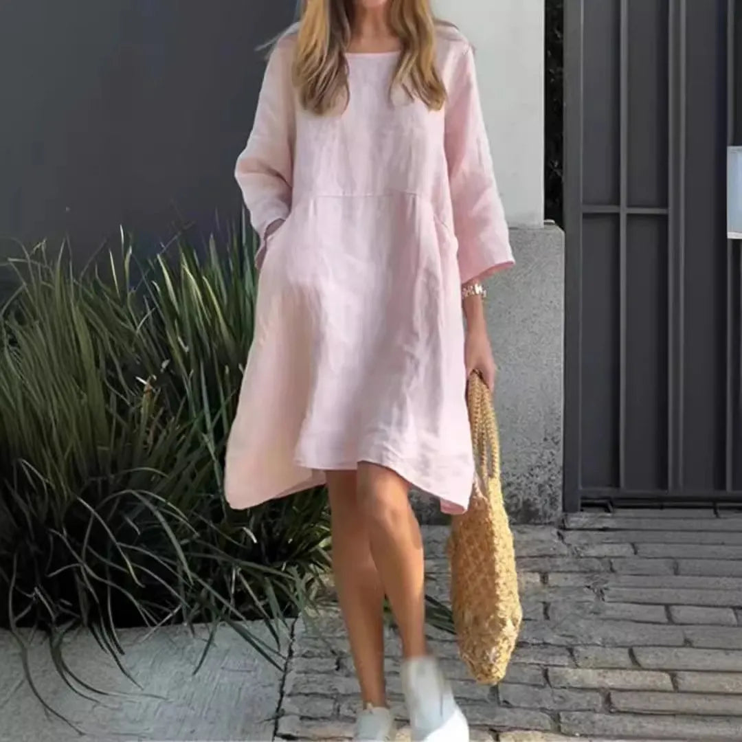 Solid Color Loose Casual Pocket Cotton-Linen Dress (Buy 2 Free Shipping)