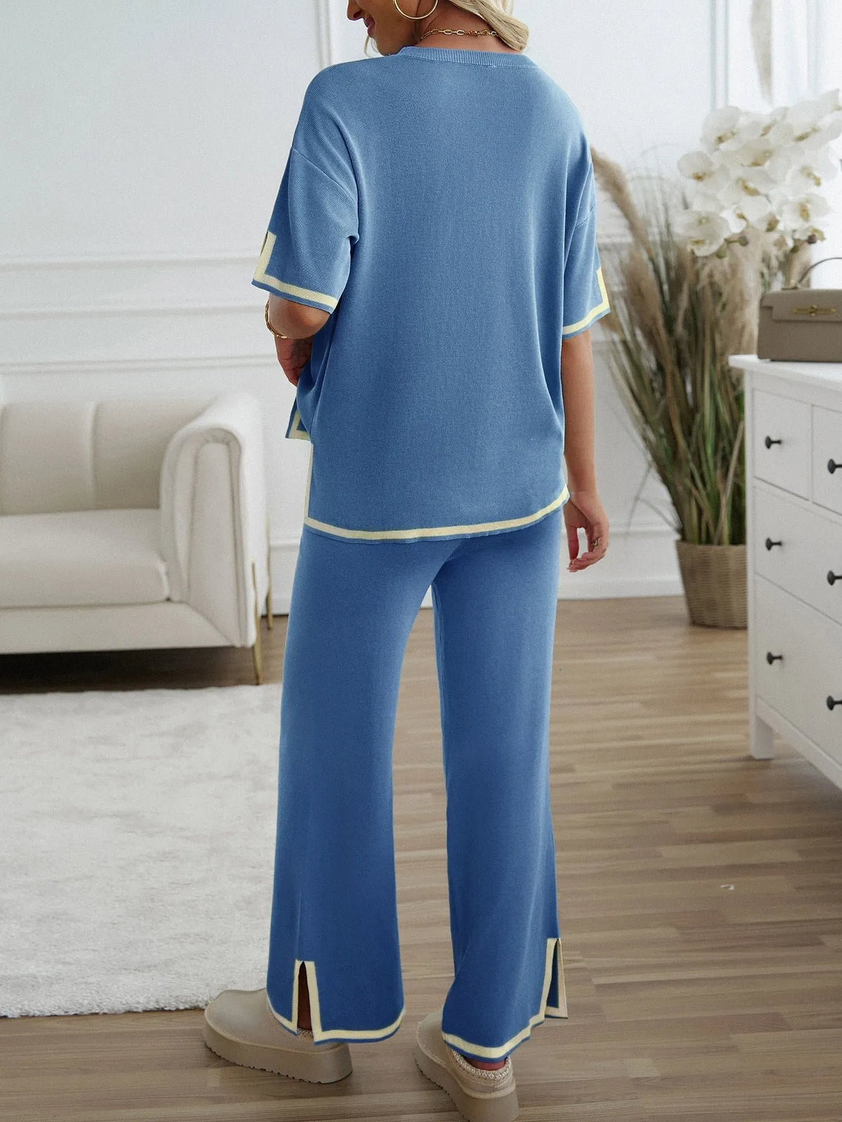 Chic Short Sleeve Knitted Pants Set