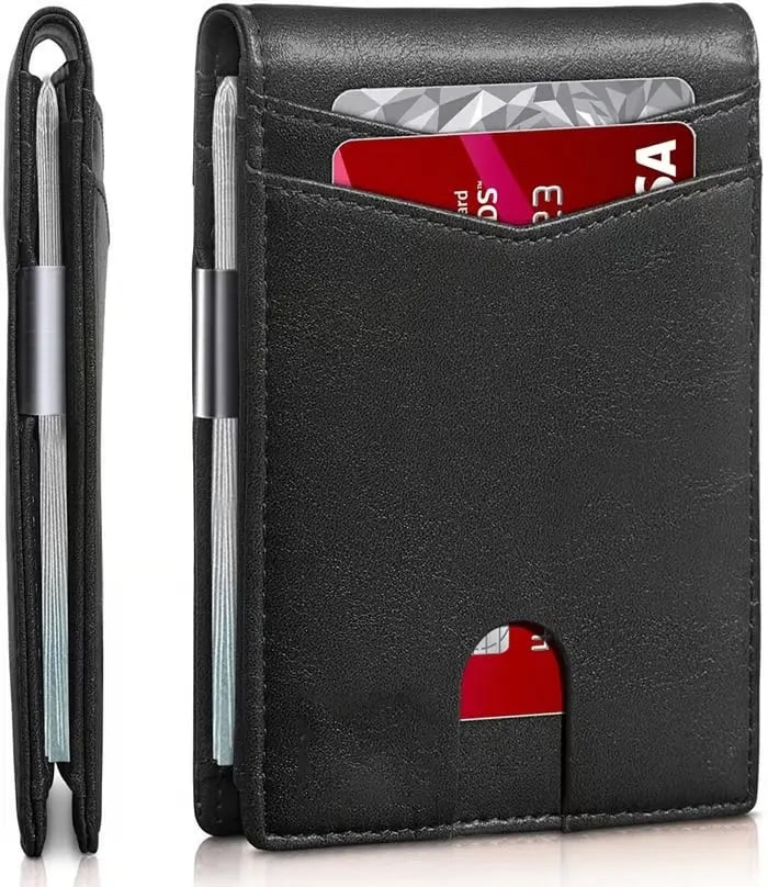 🎉With Pop Up Aluminum Case  Slim Leather Slots Credit Card Holder RFID Blocking Bifold Minimalist Wallet