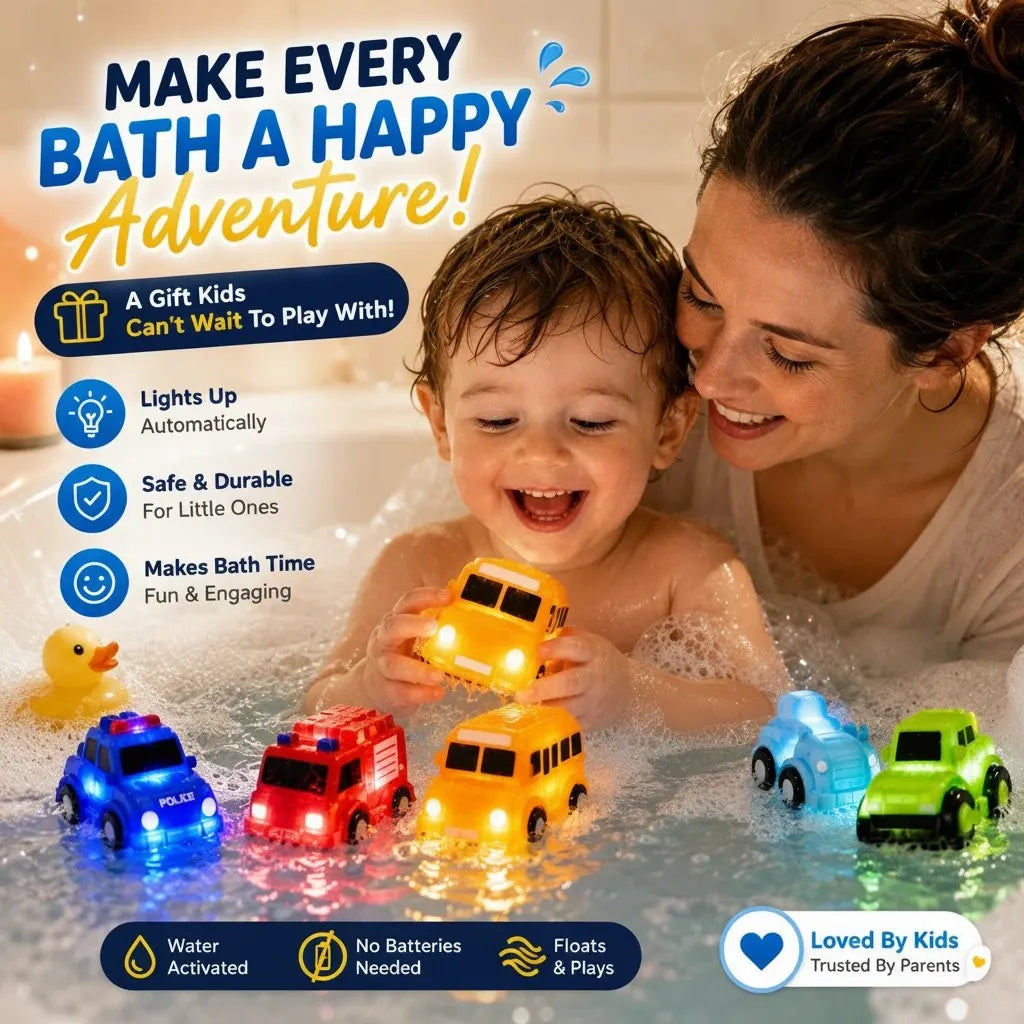 🎉🚗 6PCS Water-Activated Light-Up Bath Toy Cars – Traffic & Construction Vehicles for Kids