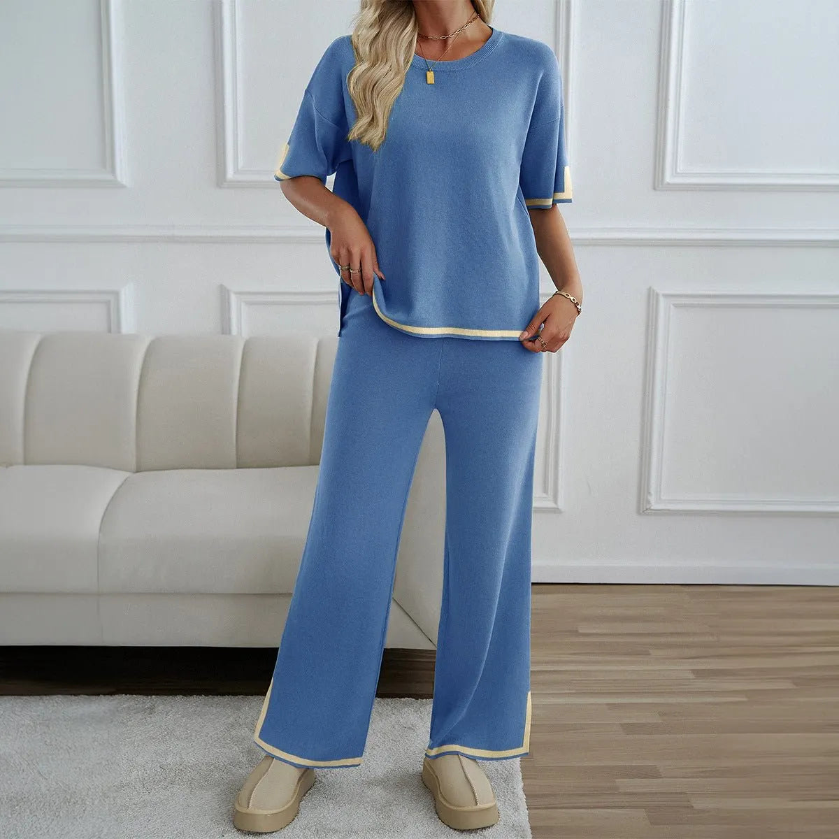 Chic Short Sleeve Knitted Pants Set