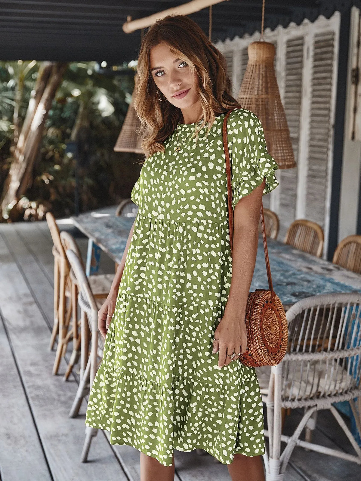 Round neck polka dot print midi dress