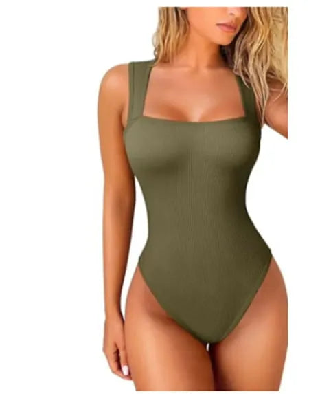 🩱🔥Sexy Ribbed Strap Square Neck Sleeveless Bodysuit 🩱🌟