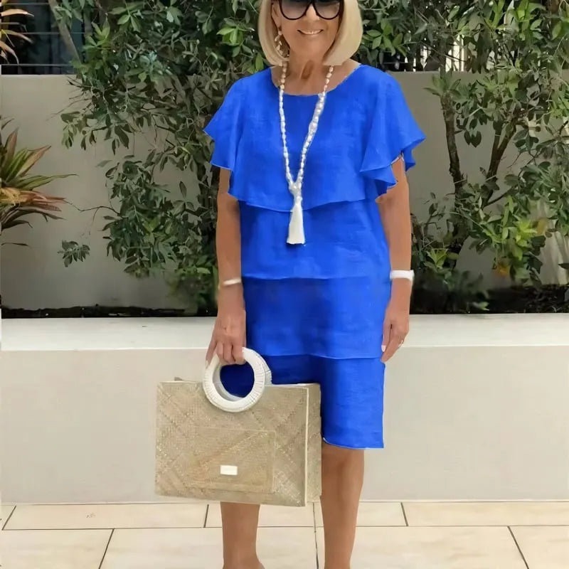 Ruffle Detail Short Sleeve Knee-Length Dress