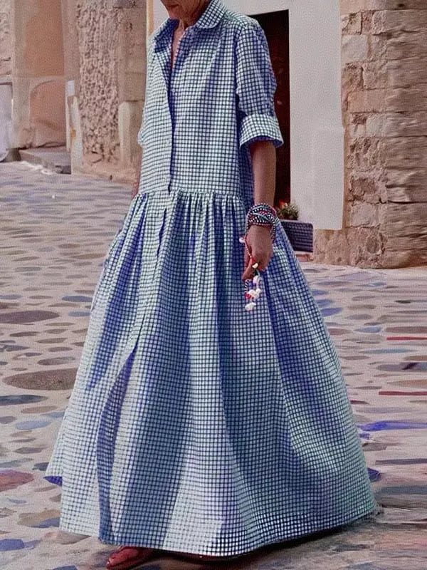 Comfy Oversize Plaid Lapel Collar Long Sleeve Dress