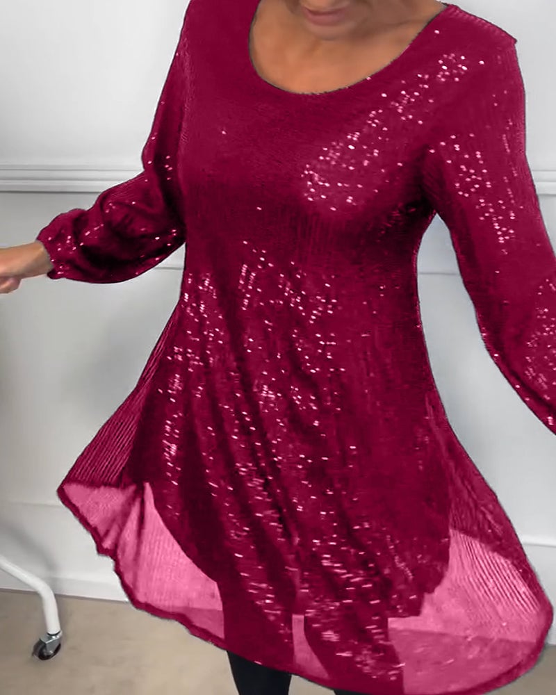 Elegant lantern sleeve sequined a-line dress